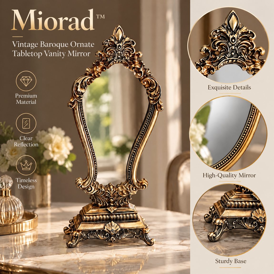 Miorad™ Antique Gold Ornate Tabletop Mirror - image 2